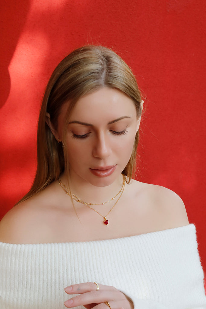 One Necklace, Endless Styles – The Double-Heart Necklace with Red CZ Stone & Free Satellite Chain Choker