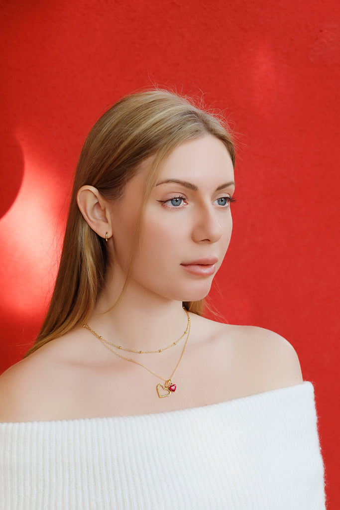 Double-Heart Necklace with Red CZ Heart Stone & Free Satellite Chain Choker – A Romantic Symbol of Love
