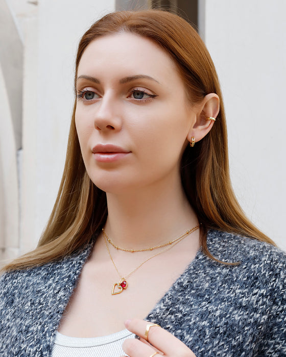 Valentine's Day Double-Heart Necklace with Red CZ Heart Stone & Satellite Chain Choker Set