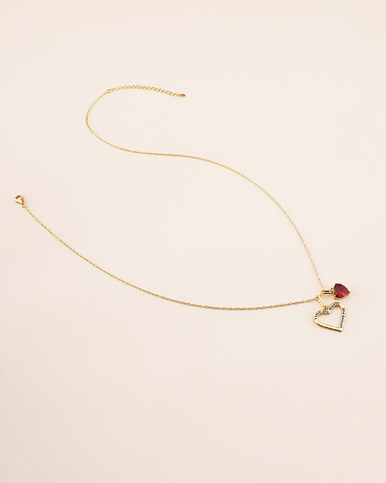 Valentine's Day Double-Heart Necklace with Red CZ Heart Stone & Satellite Chain Choker Set