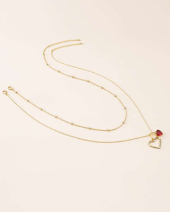 Valentine's Day Double-Heart Necklace with Red CZ Heart Stone & Satellite Chain Choker Set