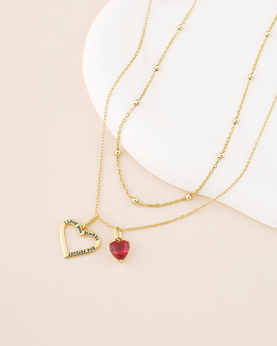 Valentine's Day Double-Heart Necklace with Red CZ Heart Stone & Satellite Chain Choker Set