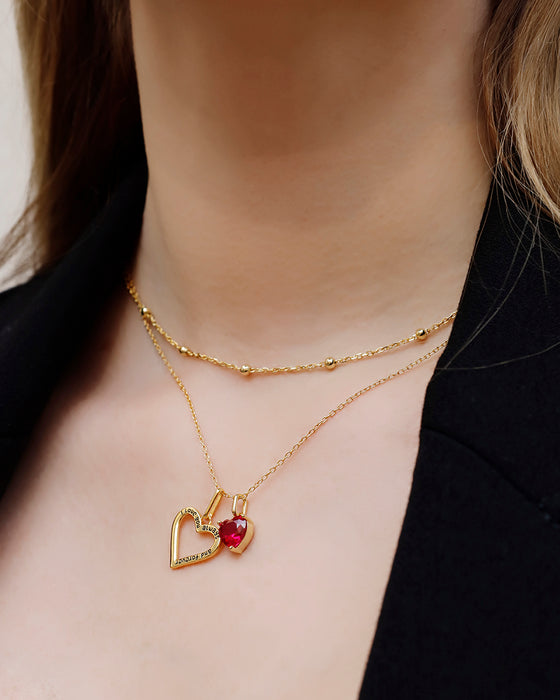 Valentine's Day Double-Heart Necklace with Red CZ Heart Stone & Satellite Chain Choker Set