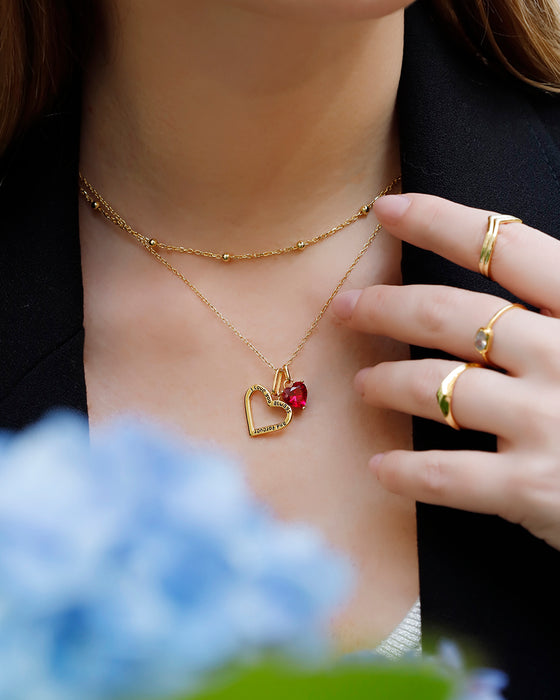 Valentine's Day Double-Heart Necklace with Red CZ Heart Stone & Satellite Chain Choker Set